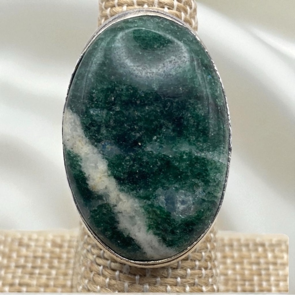 New Dark Green Moss Agate and Quartz Stone Silver Overlay Ring Size 5.75 - 6
